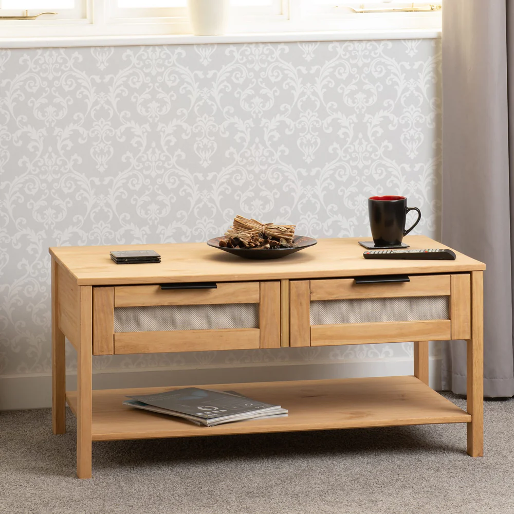 Corona - 2 Drawers Pine Rattan Coffee Table - Image 5