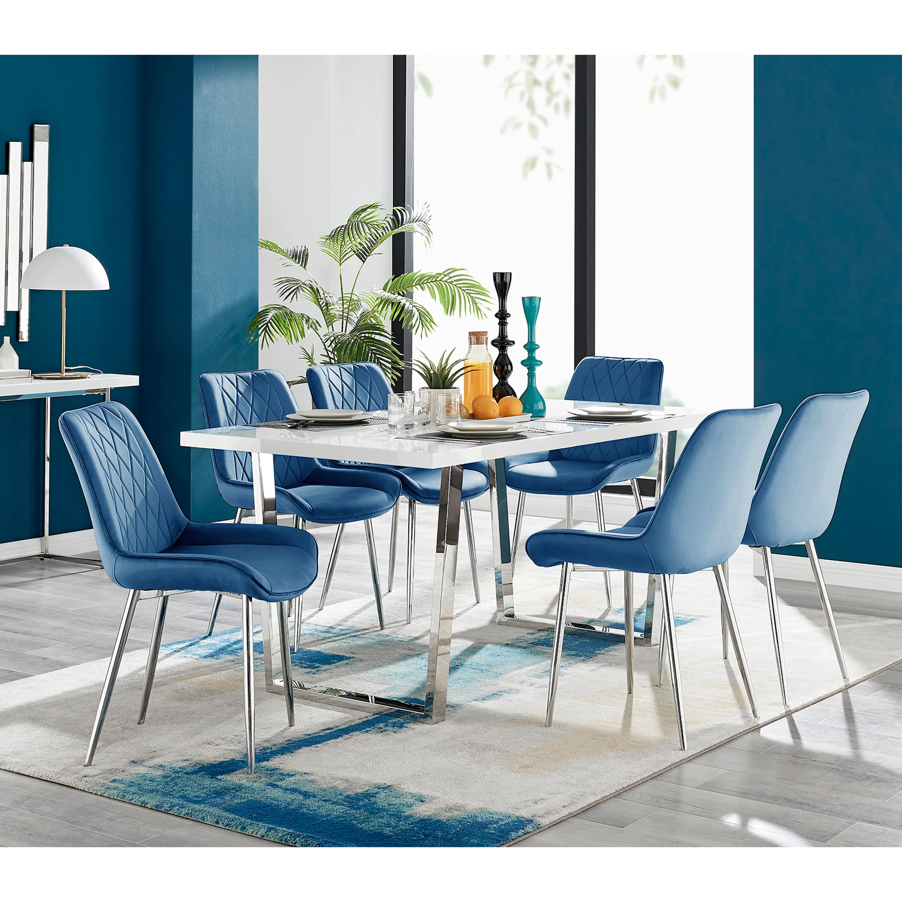 Dunloe - Large High Gloss White Dining Table & Navy Blue Maya Chairs - Image 2