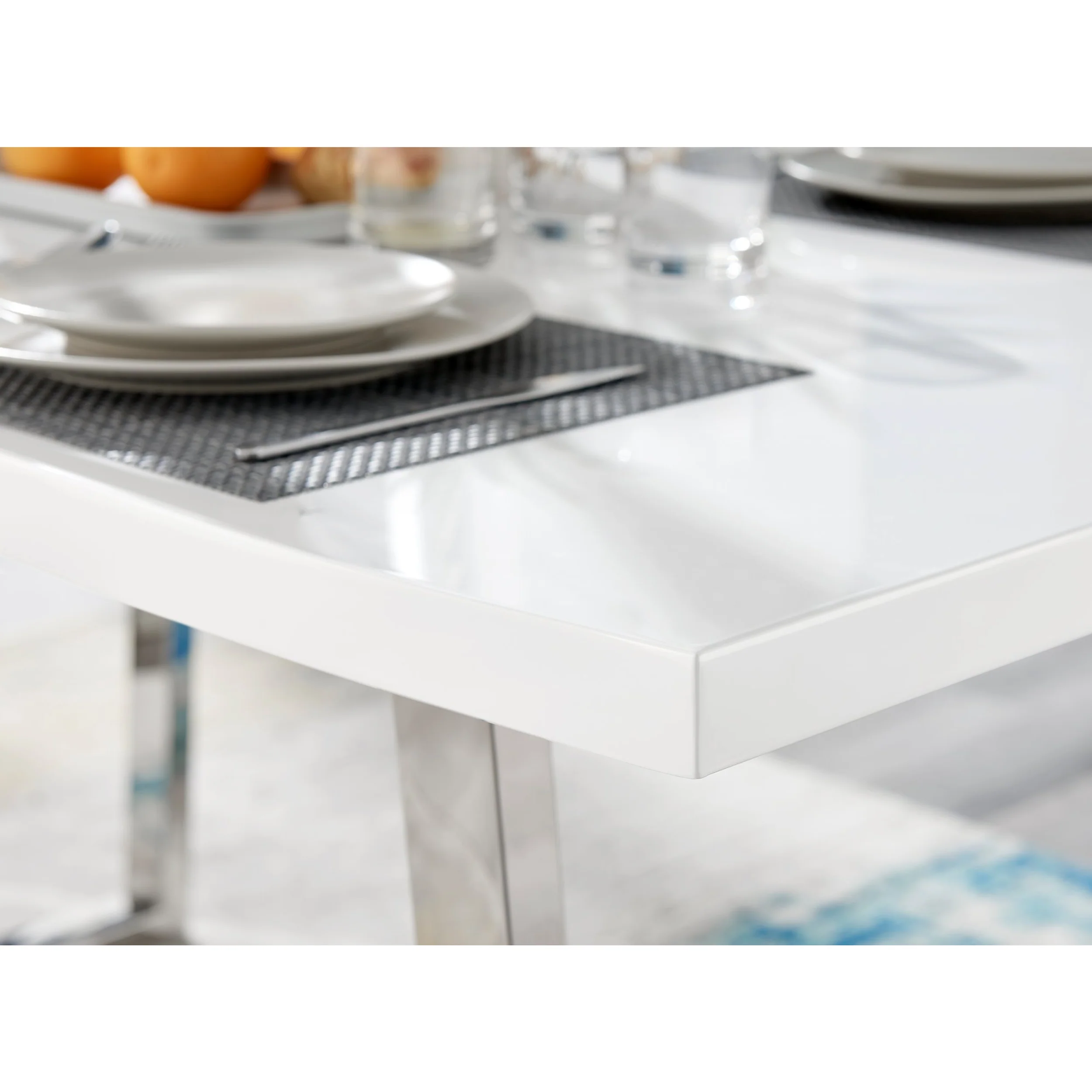 Dunloe - Large High Gloss White Dining Table & Navy Blue Maya Chairs - Image 4