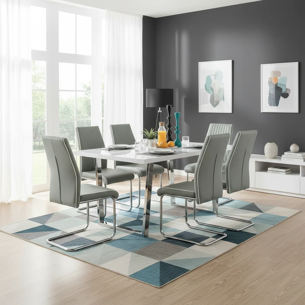 Dunloe - Large White High Gloss Dining Table & Grey Elba Chairs - Image 2