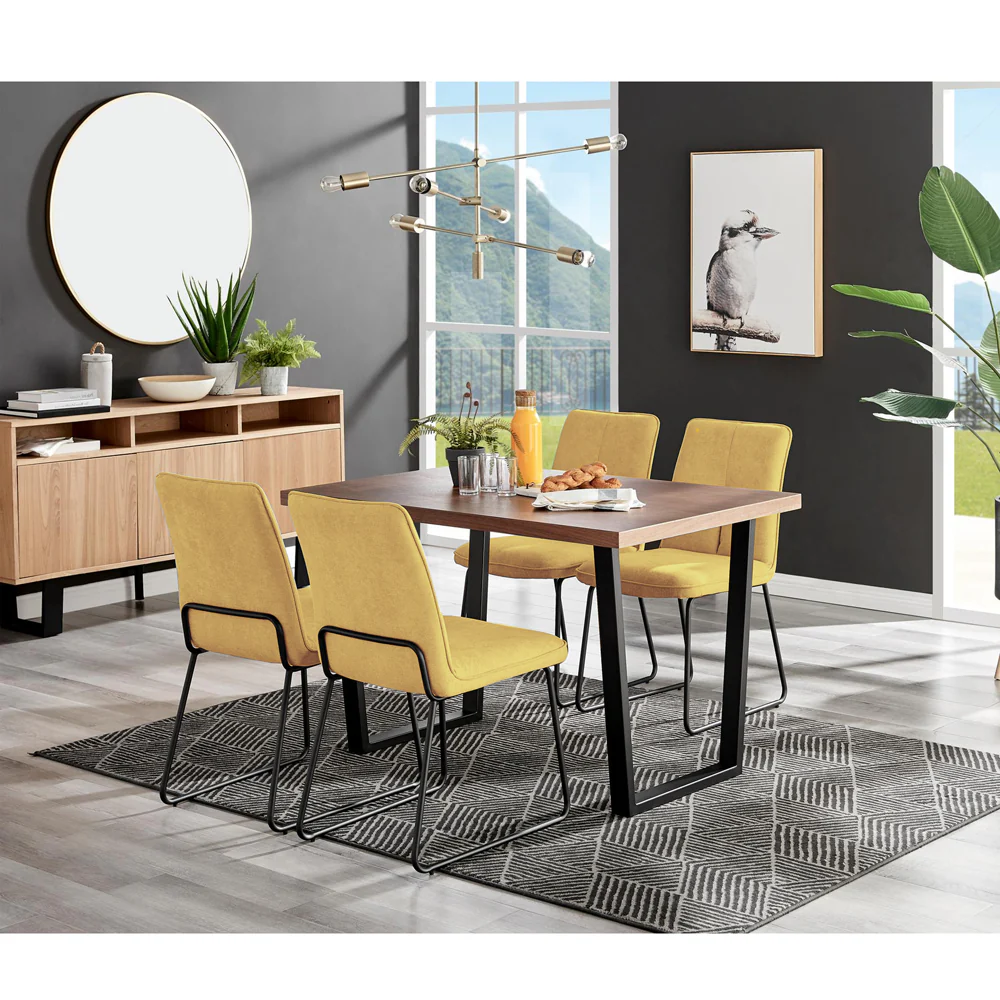 Kerry - Dark Oak Wood Effect Dining Table & 4 Halle Mustard Fabric Dining Chairs - Image 2