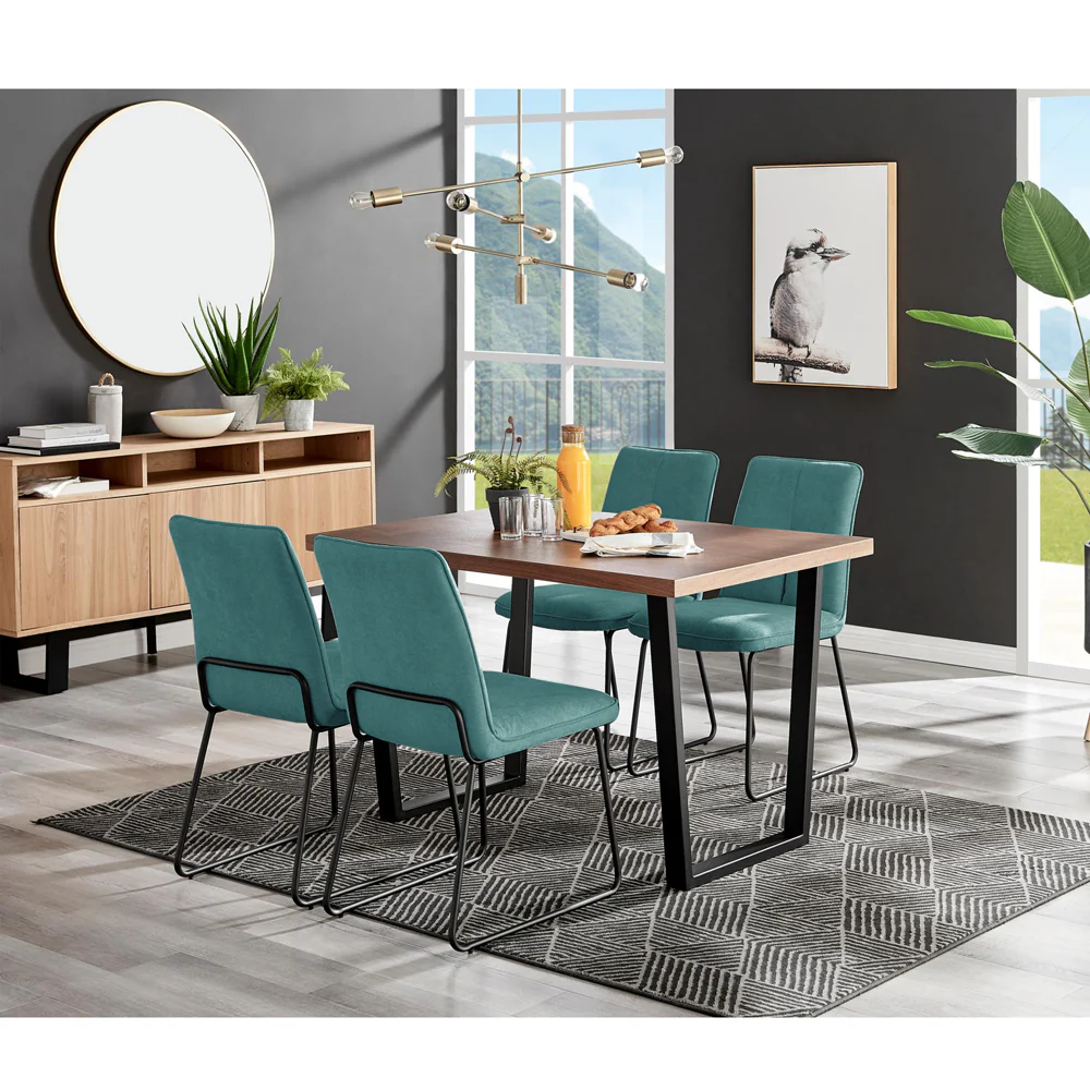 Kerry - Dark Oak Wood Effect Dining Table & 4 Halle Turquoise Fabric Dining Chairs - Image 2