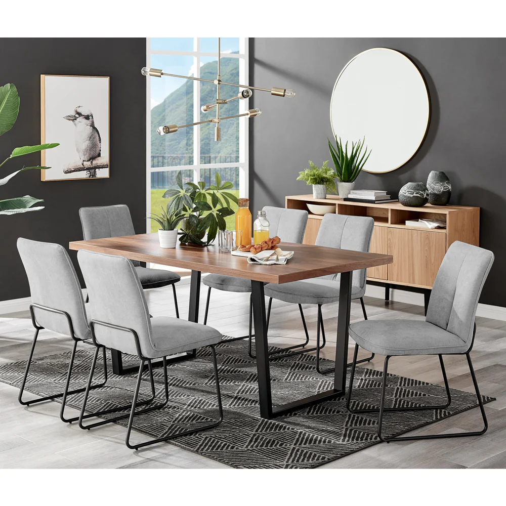 Kerry - Large Dark Oak Wood Effect Dining Table & Halle Light Grey Fabric Dining Chairs - Image 2