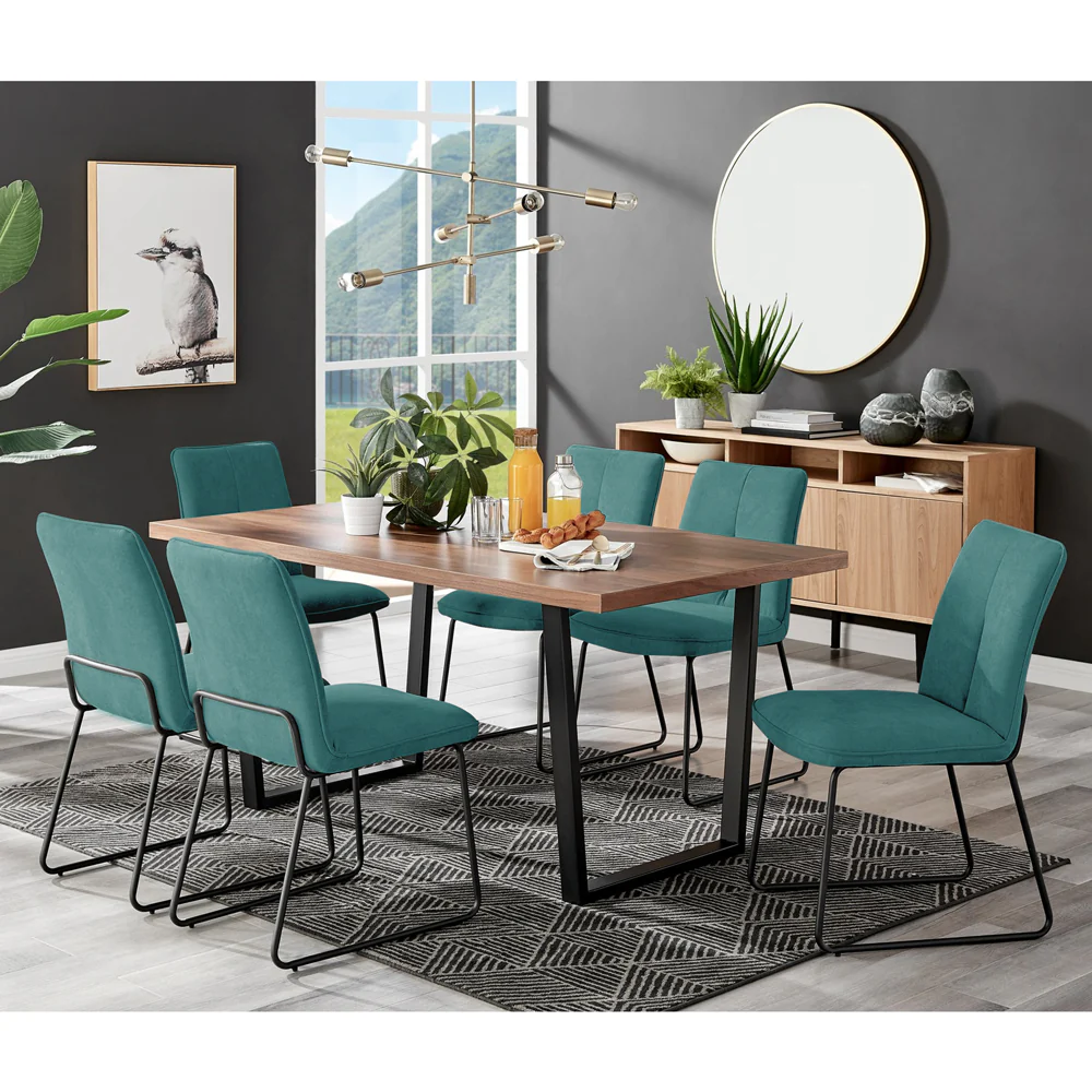 Kerry - Large Dark Oak Wood Effect Dining Table & Halle Turquoise Fabric Dining Chairs - Image 2