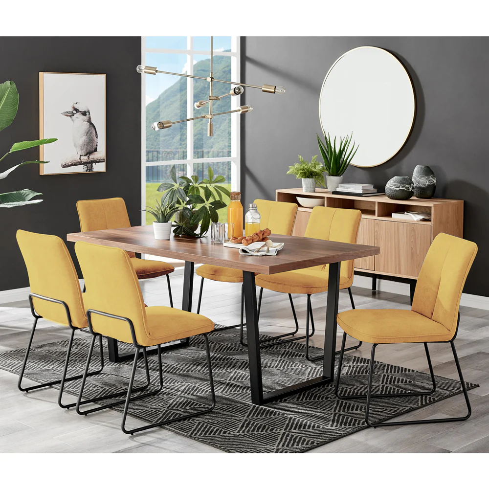 Kerry - Large Dark Oak Wood Effect Dining Table & Halle Mustard Fabric Dining Chairs - Image 2