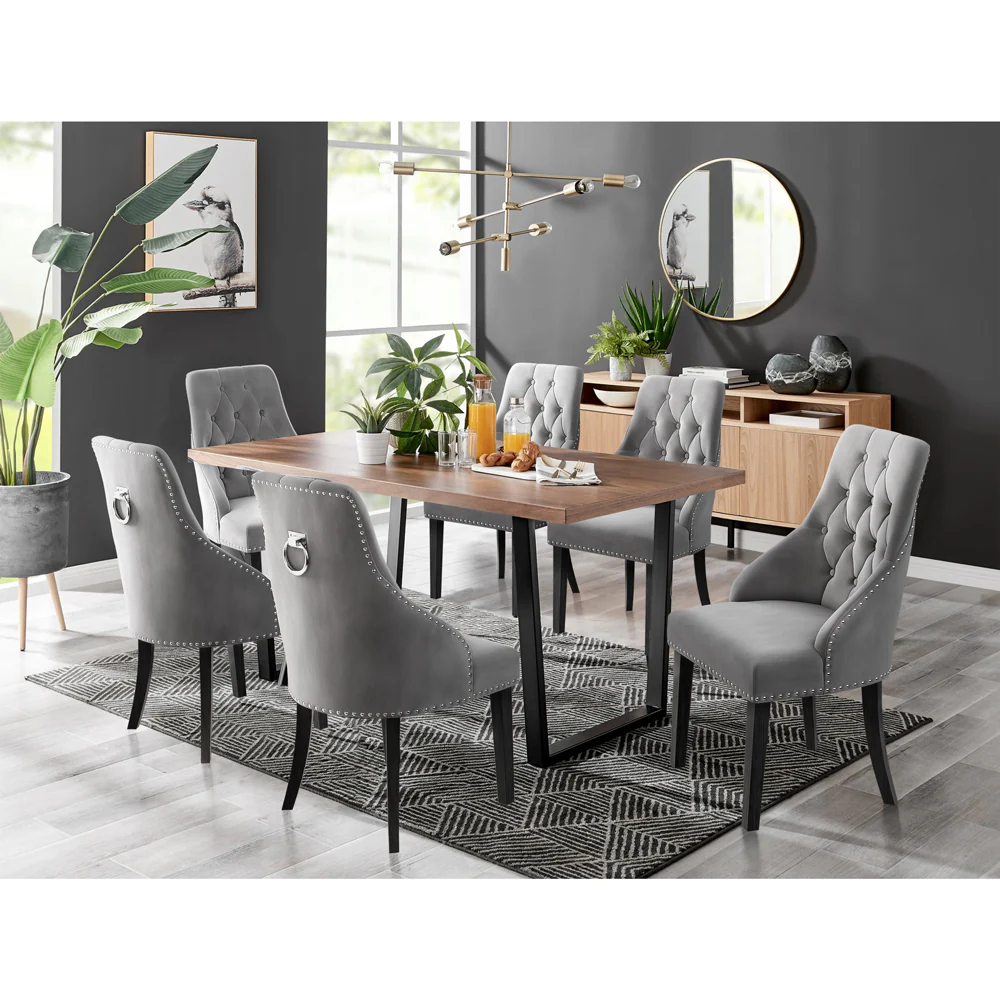 Kerry - Large Dark Oak Wood Effect Dining Table & Hilton Grey Velvet Upholstered Buttoned Dining Chair - Image 2