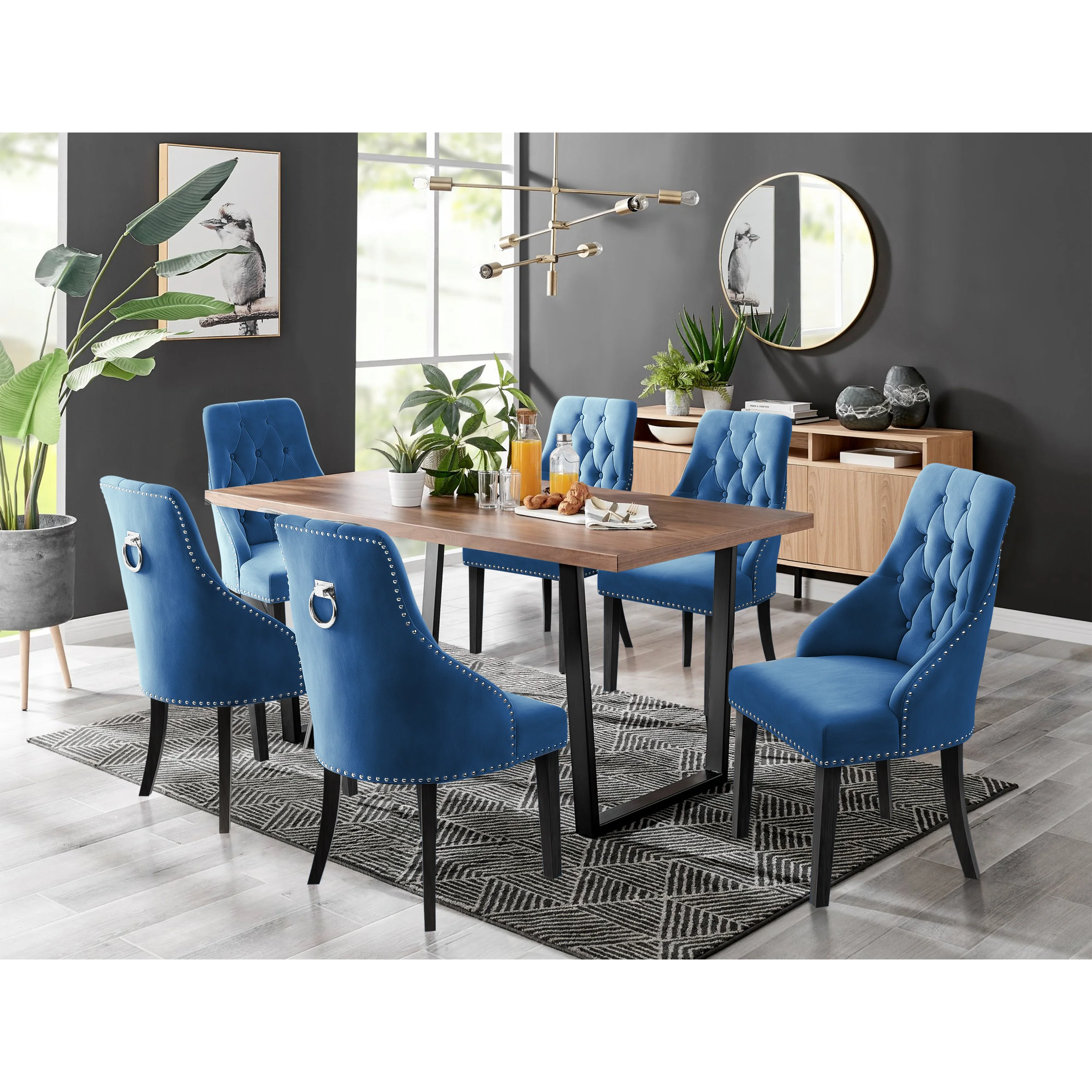 Kerry - Large Dark Oak Wood Effect Dining Table & Hilton Navy Blue Velvet Upholstered Buttoned Dining Chair - Image 2