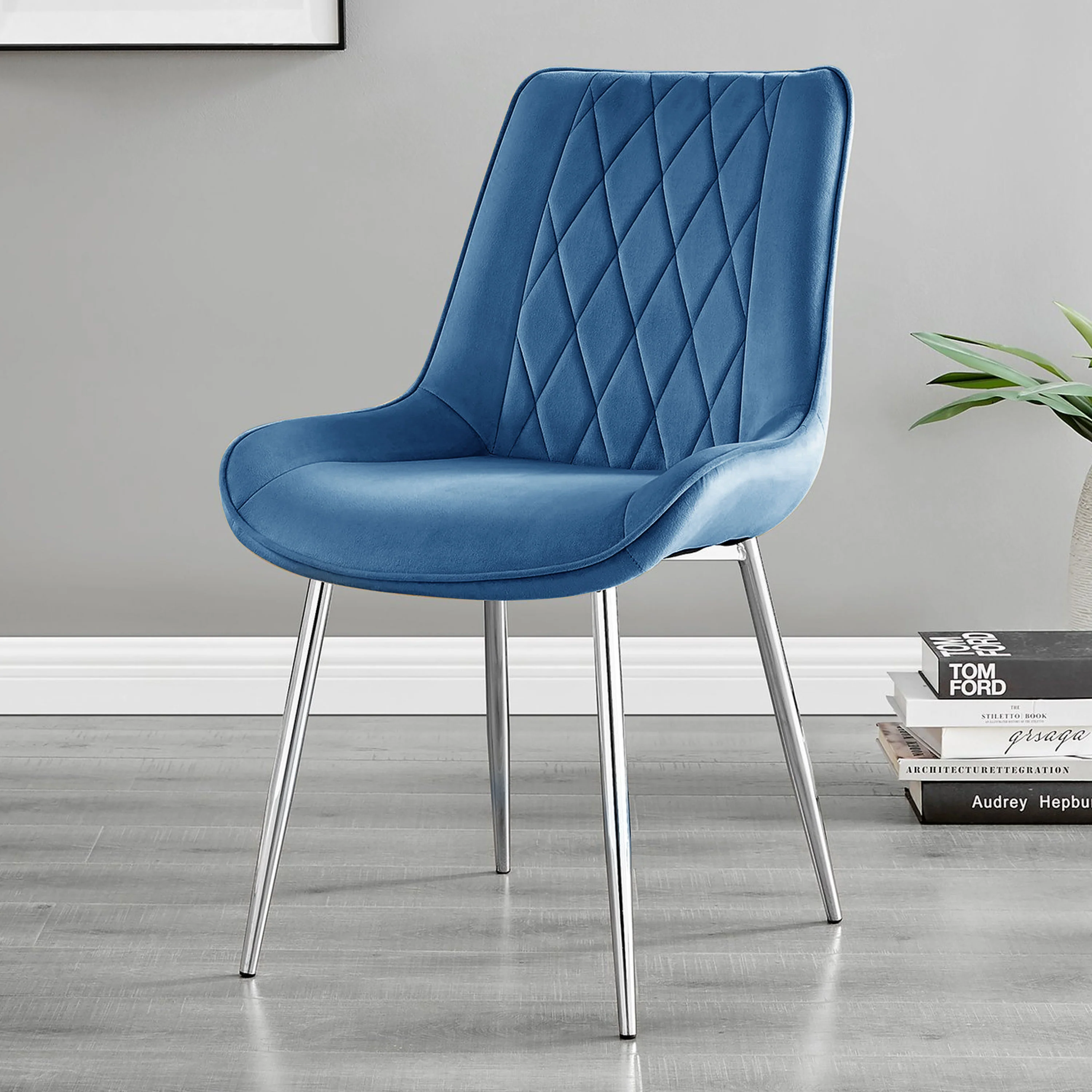 Kerry - Dark Oak Wood Effect Dining Table & 4 Maya Blue Velvet Dining Chairs - Image 10