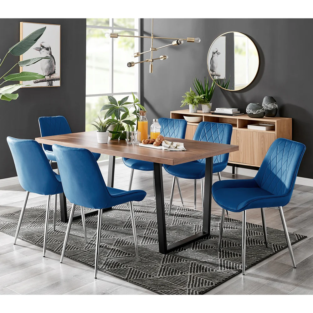 Kerry - Large Dark Oak Wood Effect Dining Table & Maya Blue Velvet Dining Chairs - Image 2