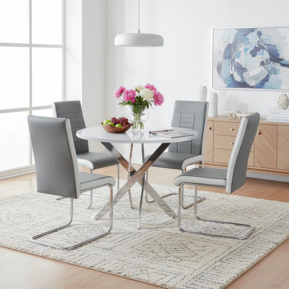 Palma - White Marble High Gloss Effect Chrome Leg Table & 4 Finbar Grey Chairs - Image 2
