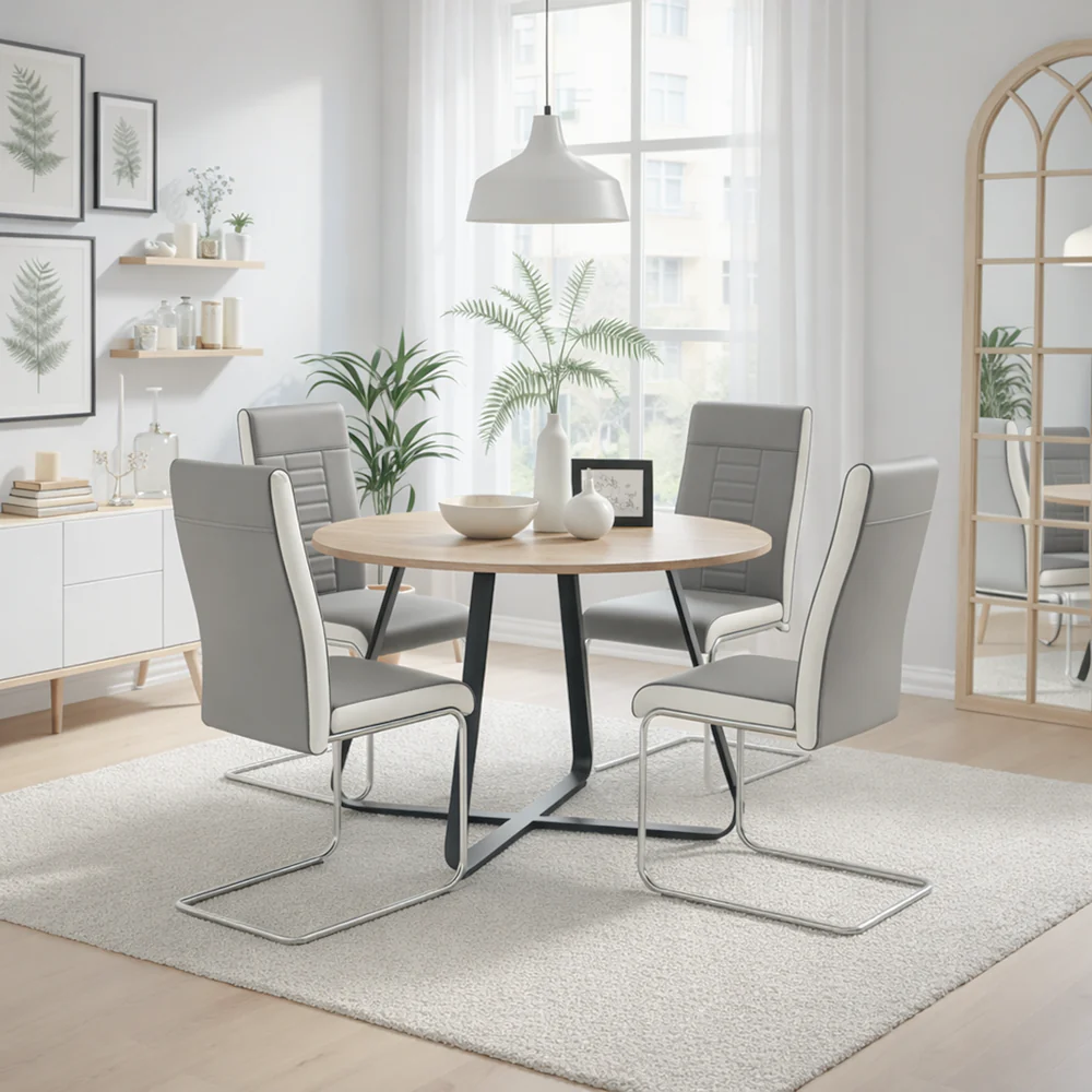 Santorini - Modern Brown Wood Effect Round Dining Table & 4 Grey Finbar Dining Chairs - Image 2