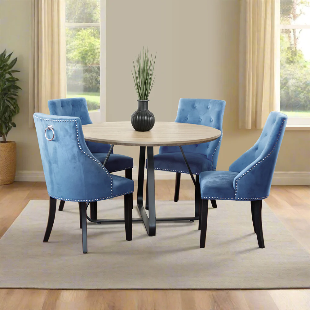 Santorini - Modern Brown Wood Effect Round Dining Table & 4 Hilton Blue Dining Chairs - Image 2