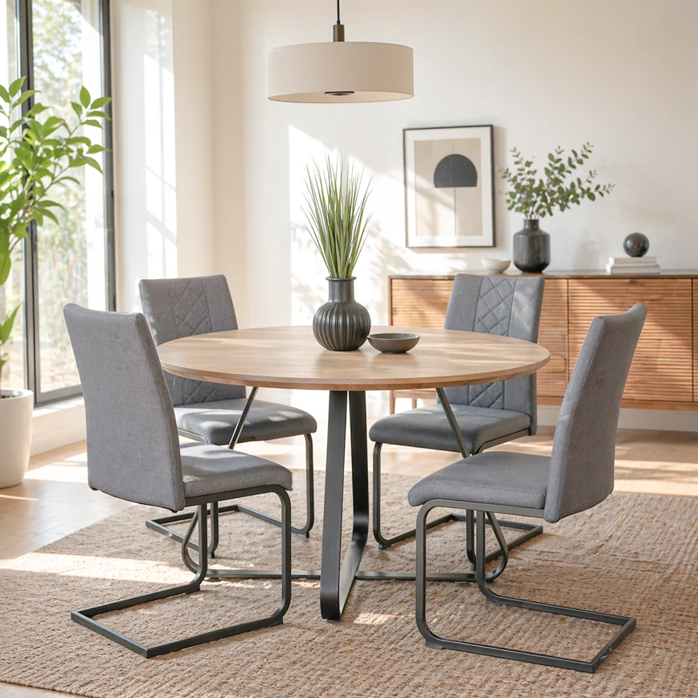 Santorini - Modern Brown Wood Effect Round Dining Table & 4 Hugo Grey Dining Chairs - Image 2