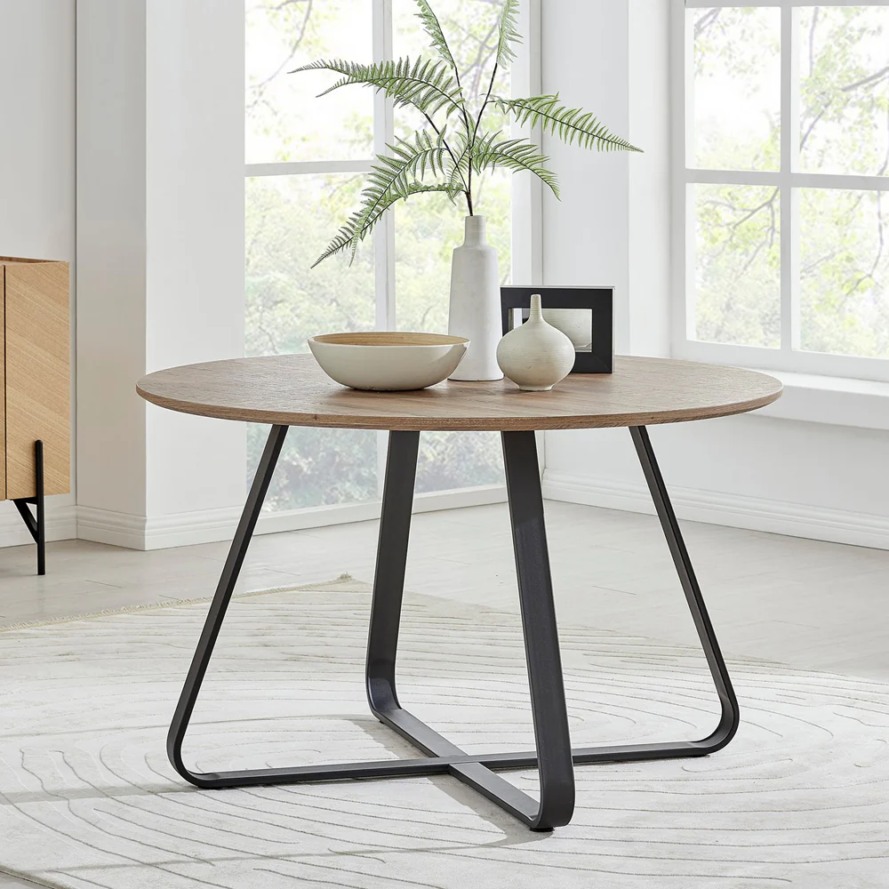 Santorini - Modern Brown Wood Effect Round Dining Table & Halle Beige Fabric Dining Chairs - Image 3