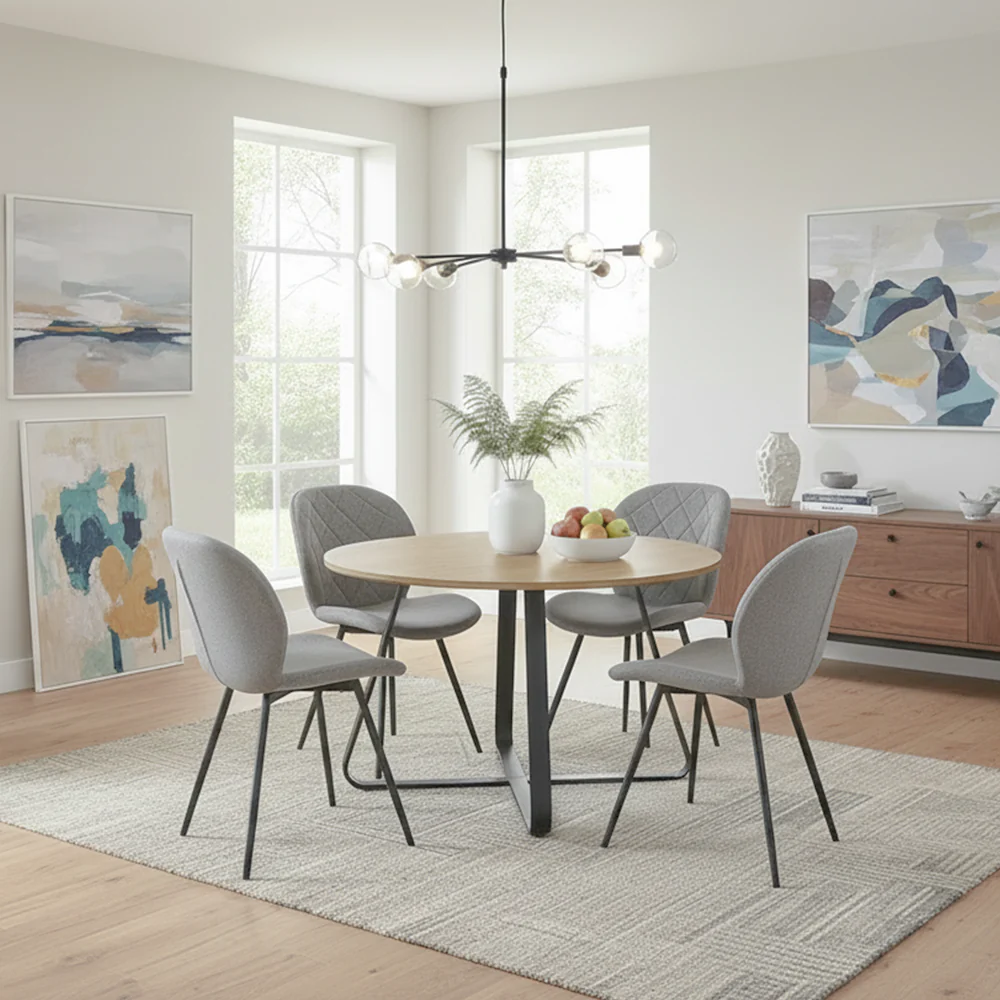 Santorini - Modern Brown Wood Effect Round Dining Table & Astrid Grey Tweed Dining Chairs - Image 2