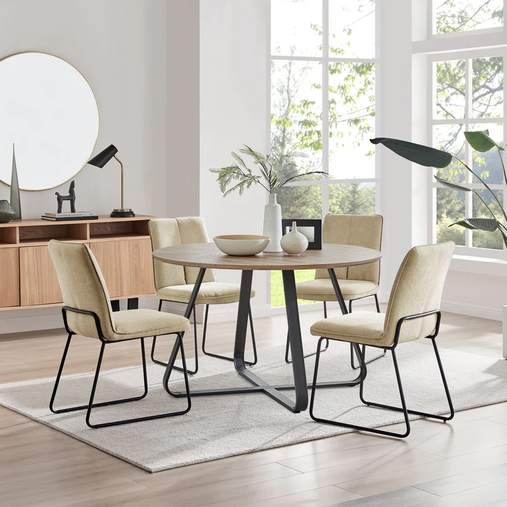 Santorini - Modern Brown Wood Effect Round Dining Table & Halle Beige Fabric Dining Chairs - Image 2