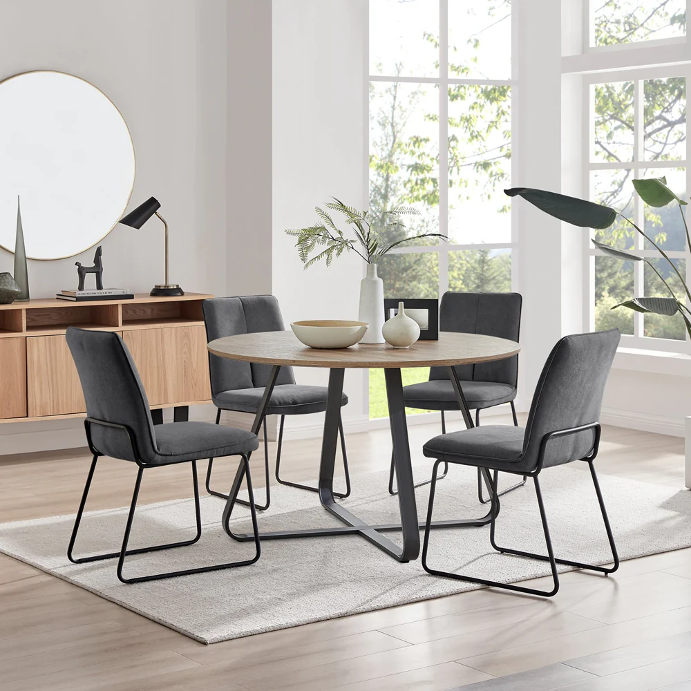 Santorini - Modern Brown Wood Effect Round Dining Table & Halle Grey Fabric Dining Chairs - Image 2